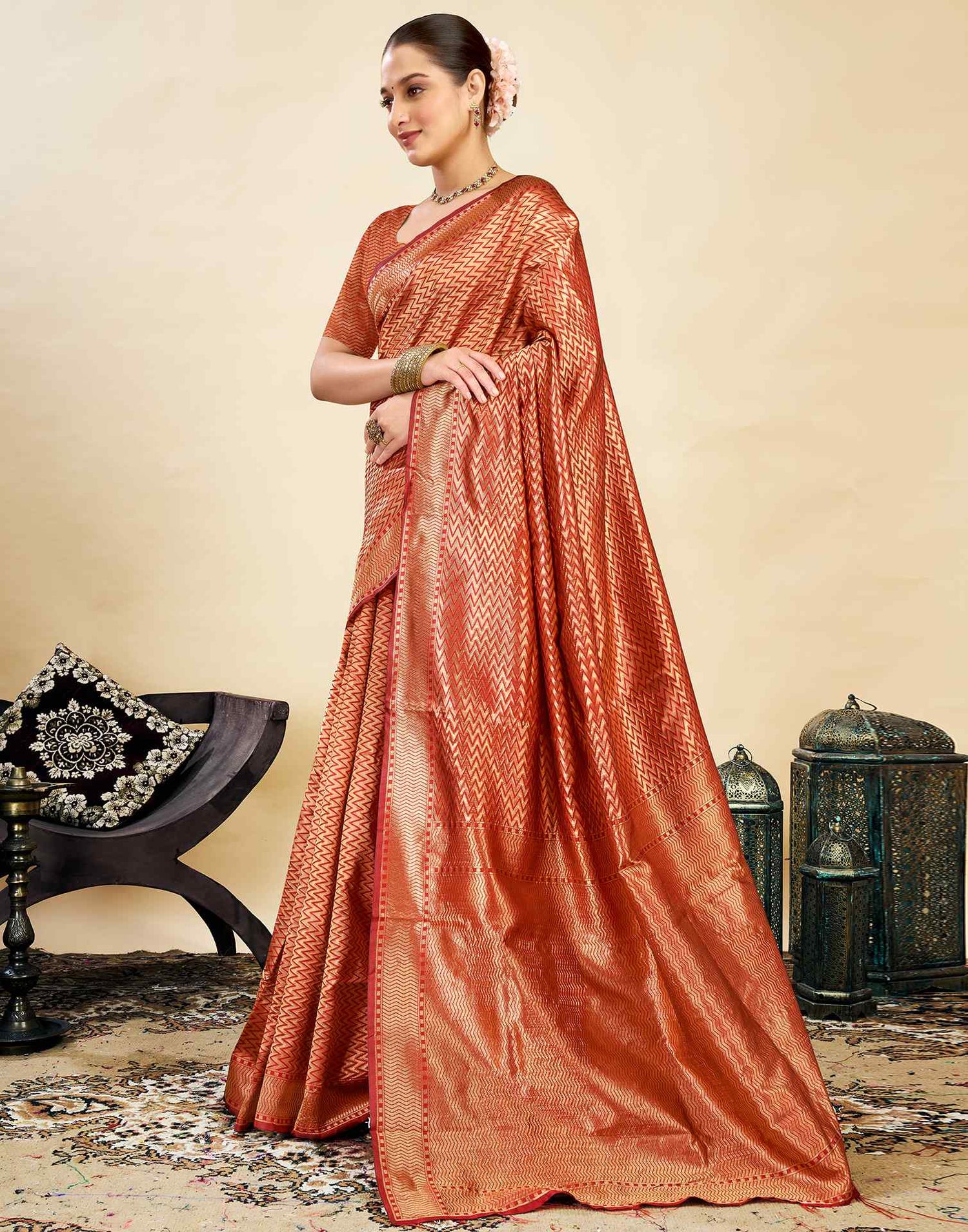 Red Silk Blend Woven Banarasi Saree