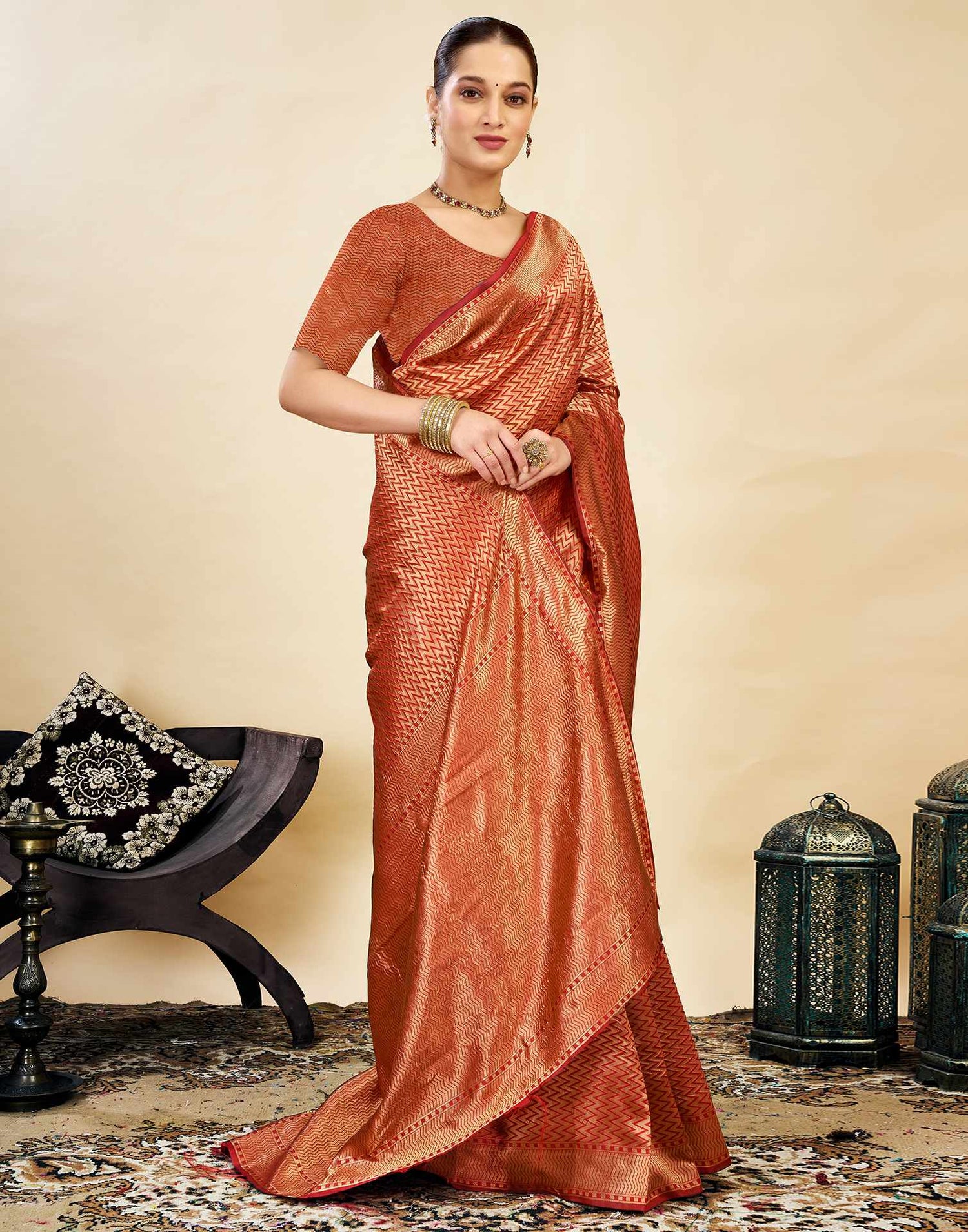 Red Silk Blend Woven Banarasi Saree