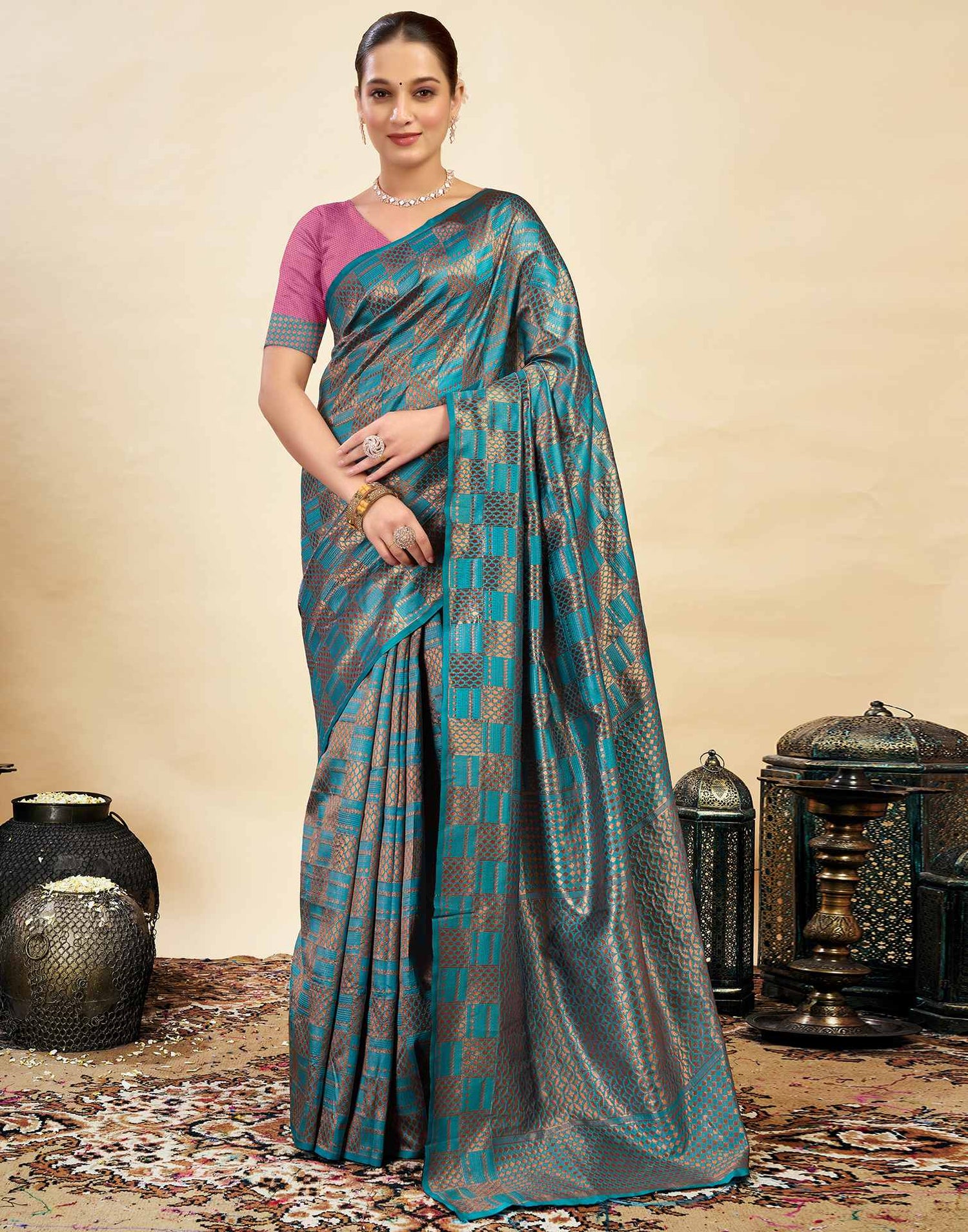 Blue Silk Blend Woven Banarasi Saree