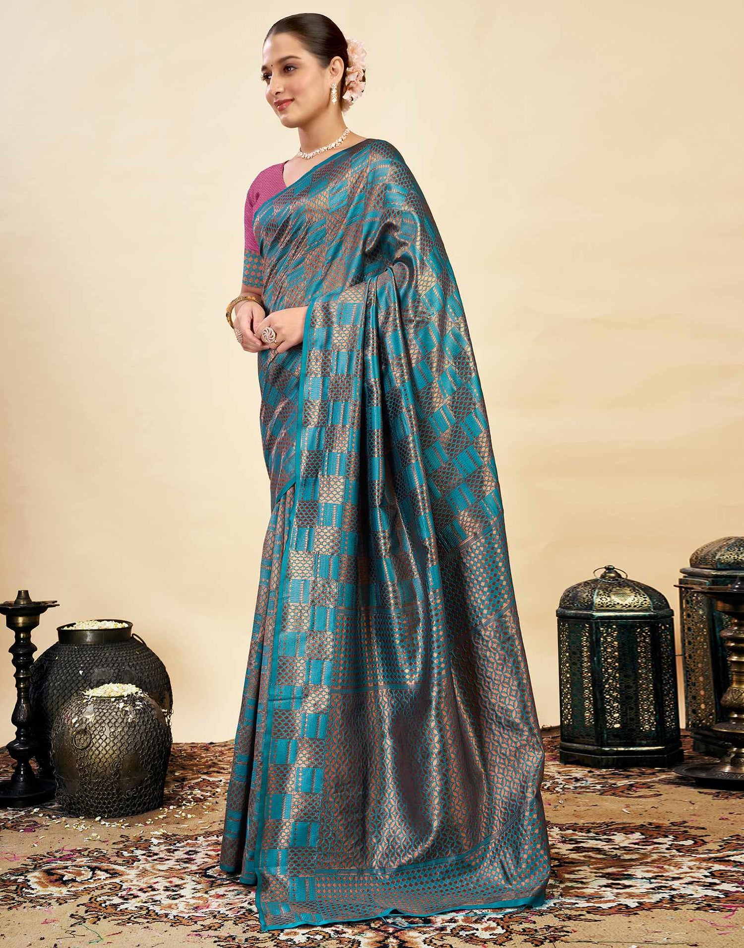 Teal Blue Silk Weaving Banarasi Saree