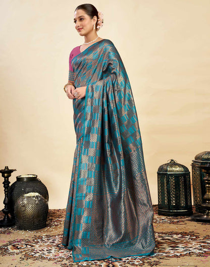 Blue Silk Blend Woven Banarasi Saree