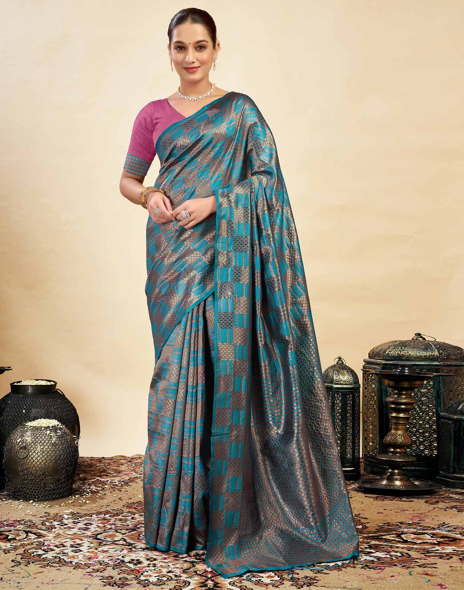 Teal Blue Silk Weaving Banarasi Saree