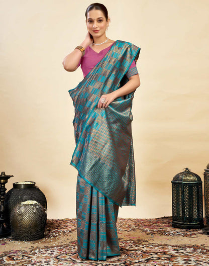 Teal Blue Silk Weaving Banarasi Saree