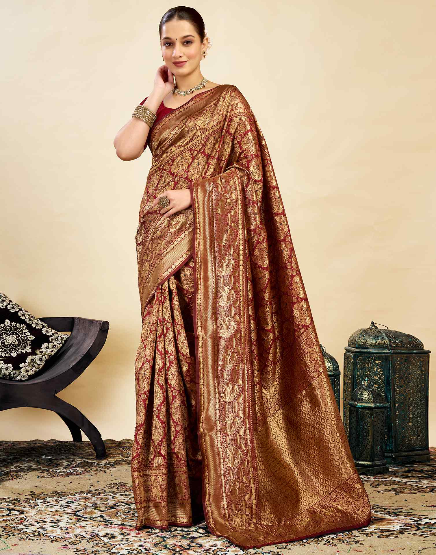 Maroon Silk Blend Woven Banarasi Saree