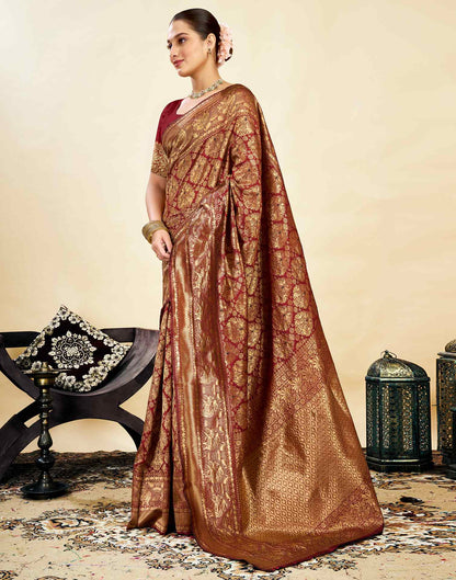 Maroon Silk Blend Woven Banarasi Saree