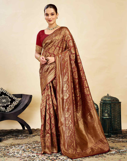 Maroon Silk Blend Woven Banarasi Saree