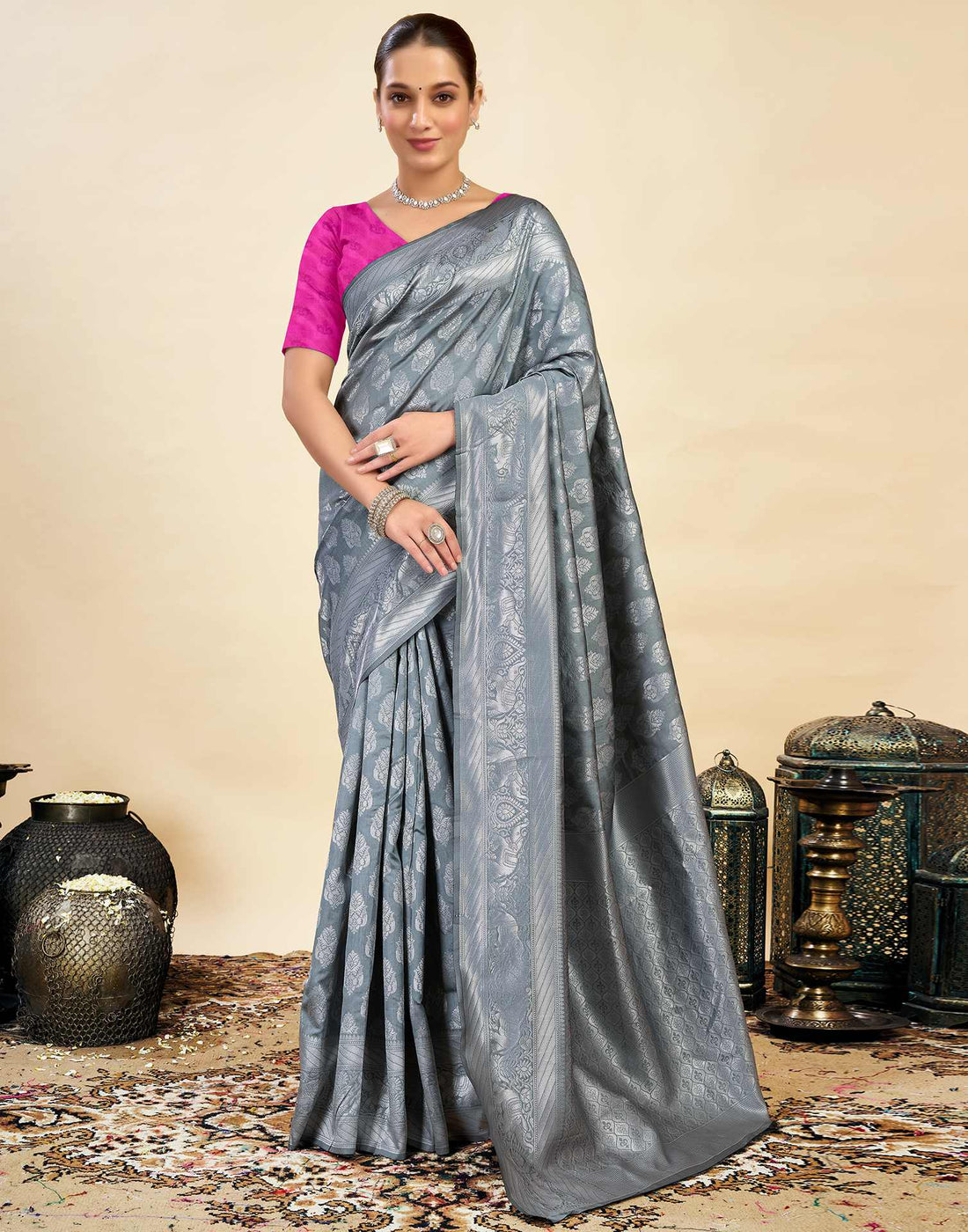 Grey Silk Blend Woven Banarasi Saree