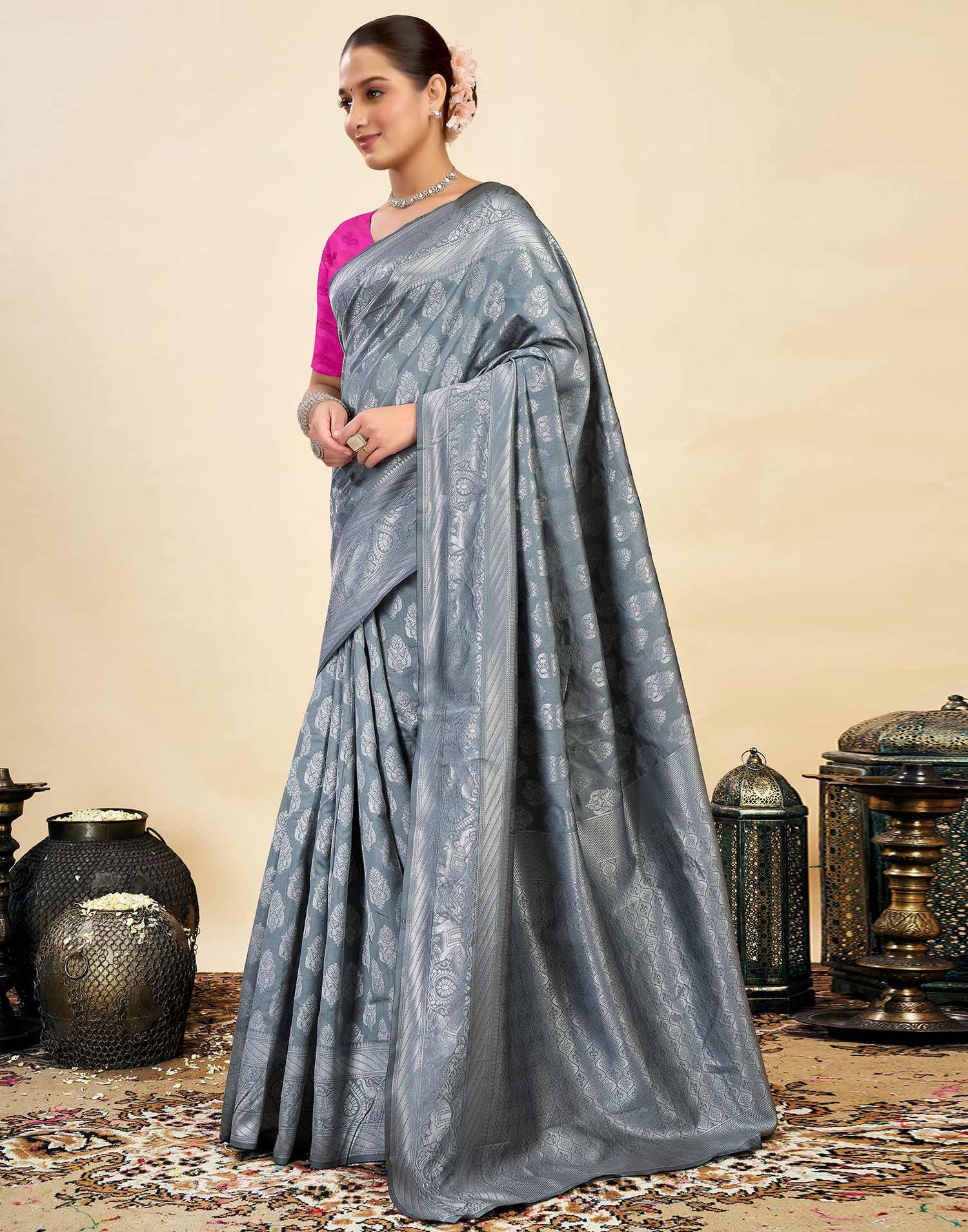 Grey Silk Weaving Banarasi Saree