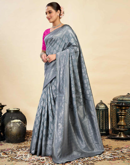 Grey Silk Blend Woven Banarasi Saree