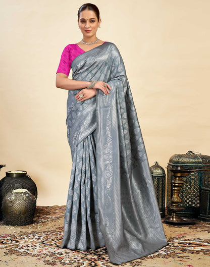 Grey Silk Blend Woven Banarasi Saree