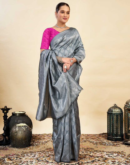 Grey Silk Blend Woven Banarasi Saree