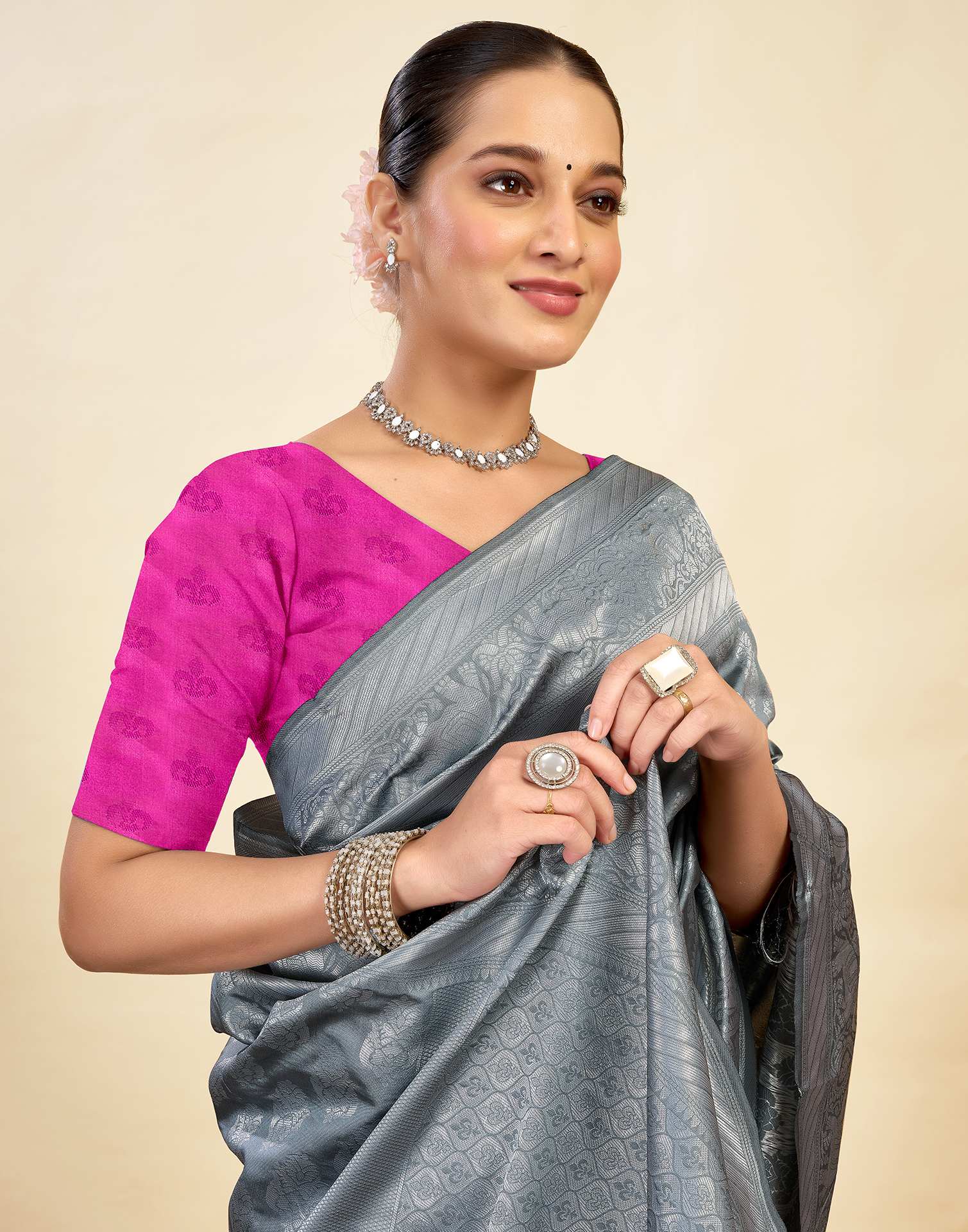 Grey Silk Blend Woven Banarasi Saree