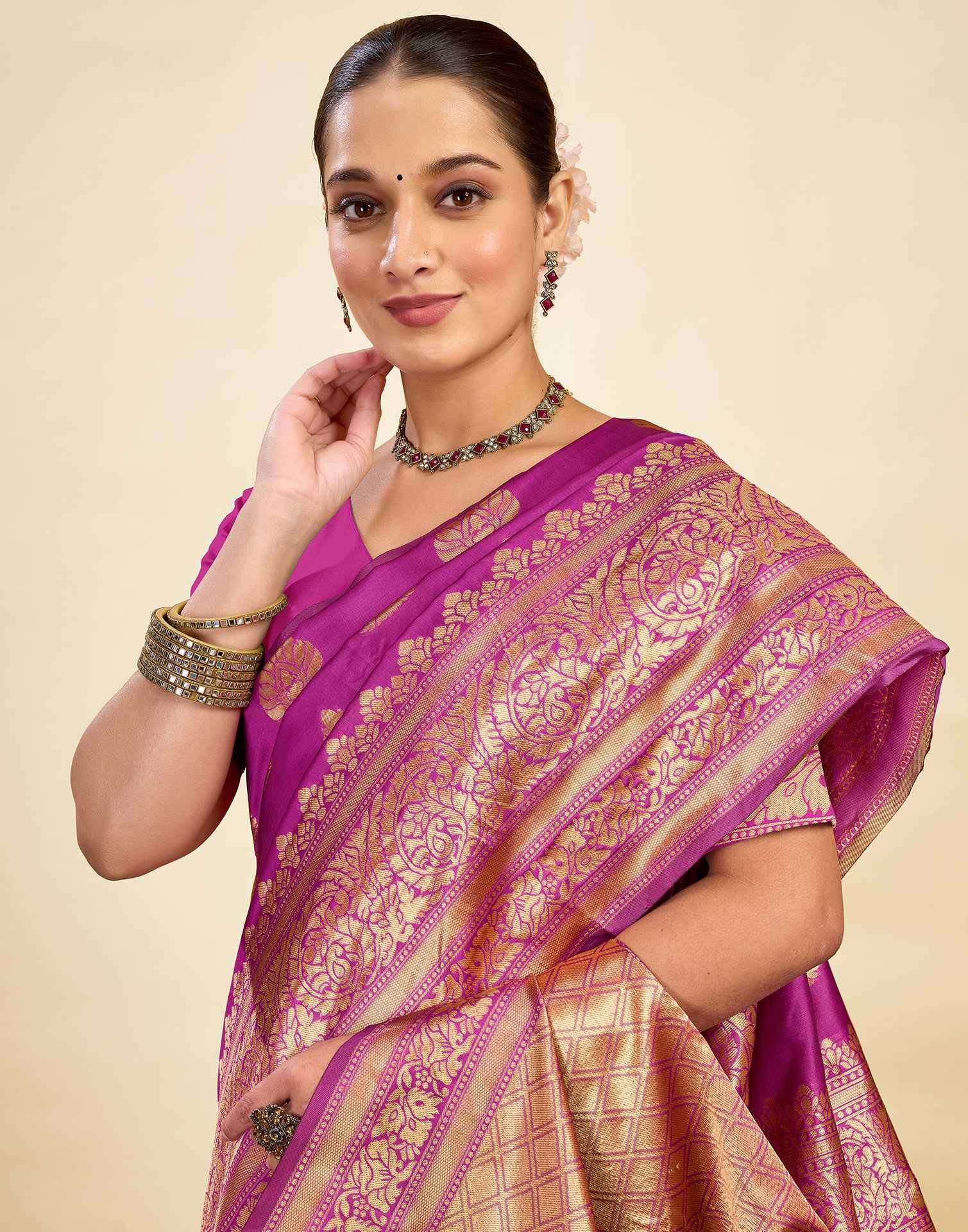 Pink Silk Blend Woven Banarasi Saree