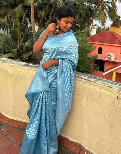 Blue Silk Blend Woven Banarasi Saree