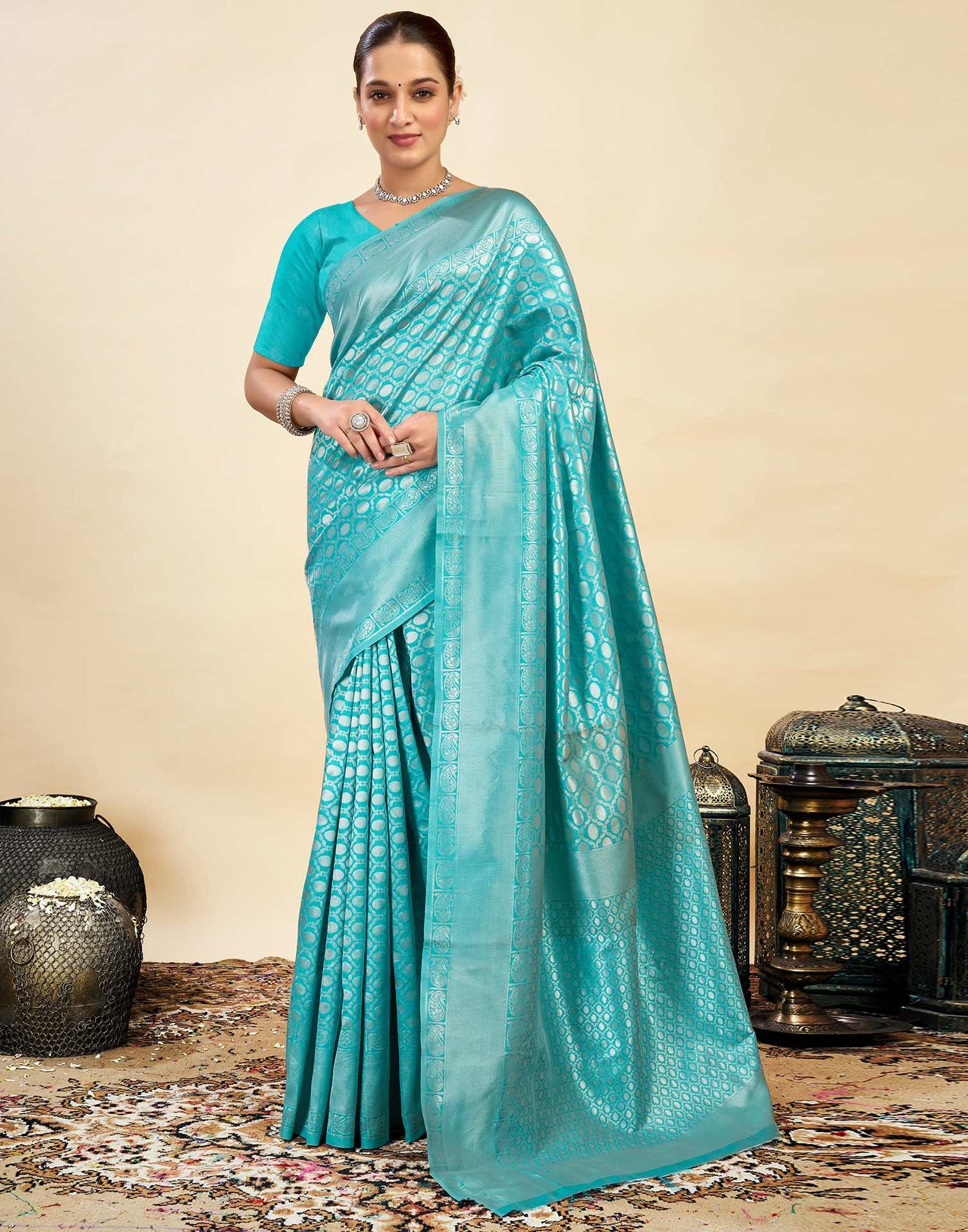 Turquoise Silk Weaving Kanjivaram Saree