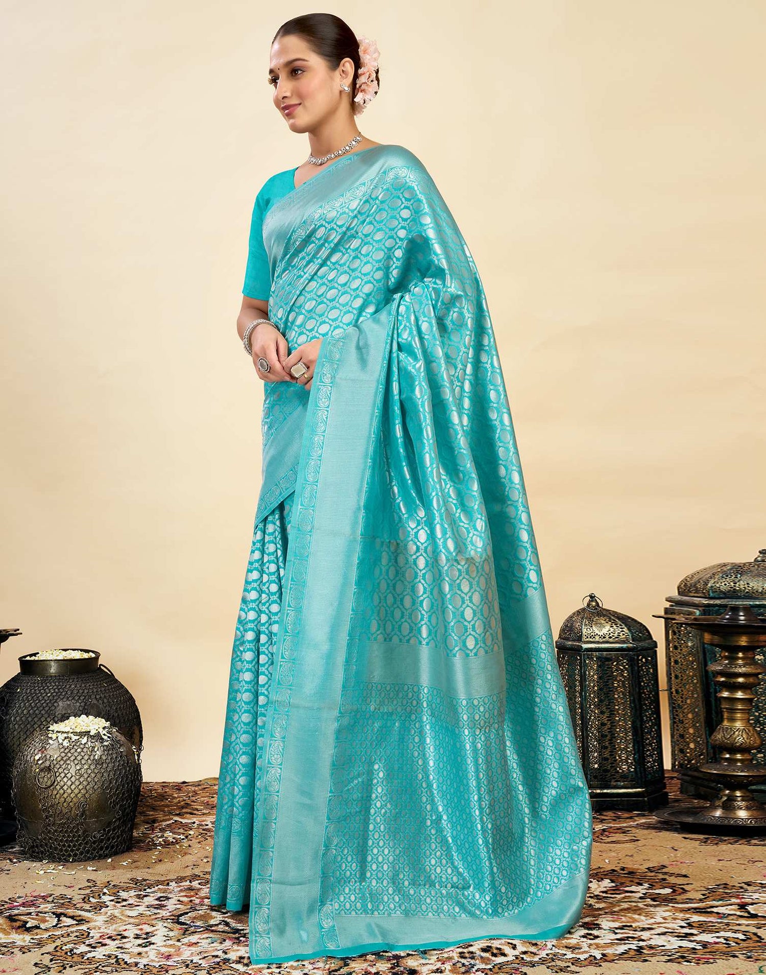 Turquoise Silk Weaving Kanjivaram Saree