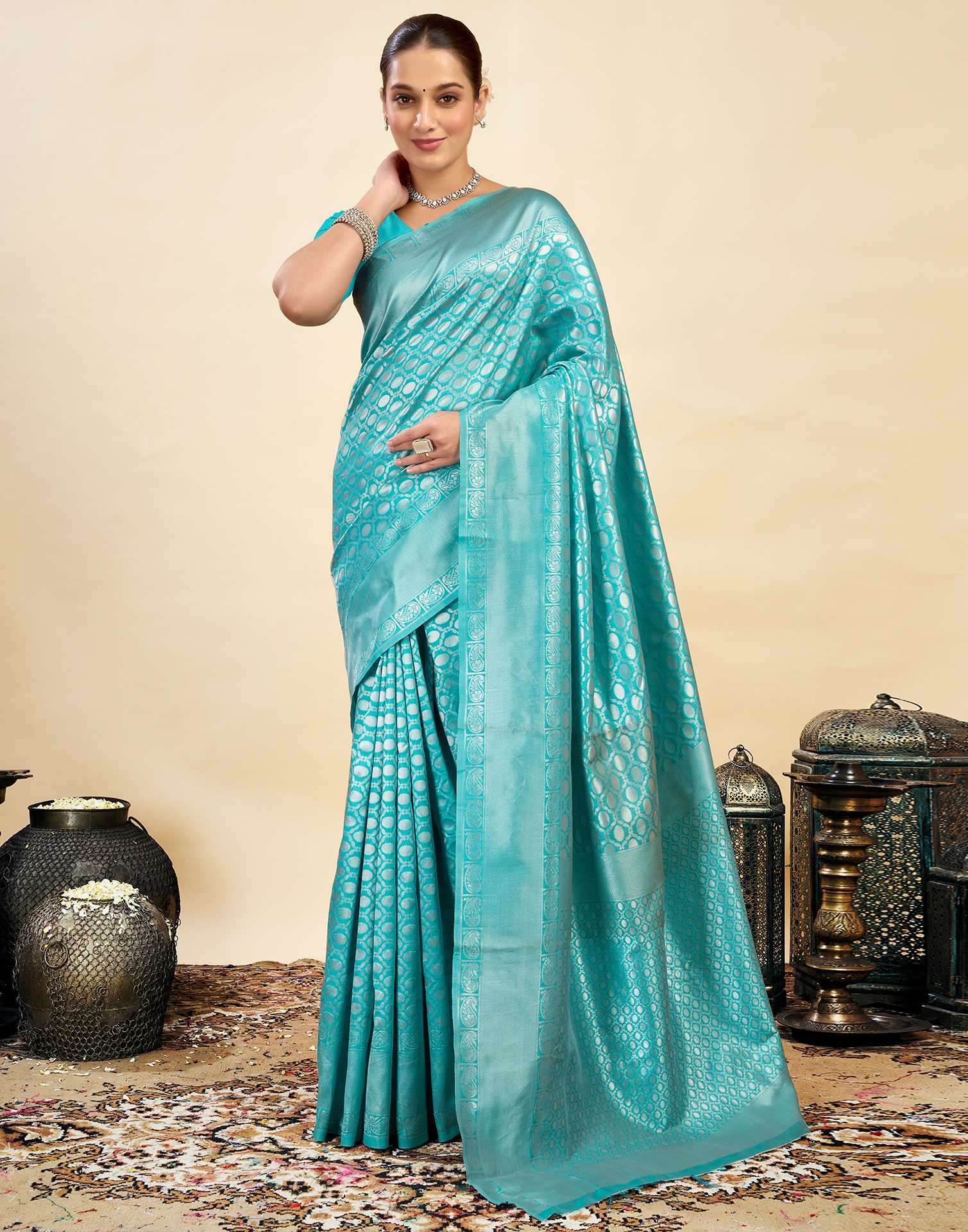 Turquoise Silk Weaving Kanjivaram Saree