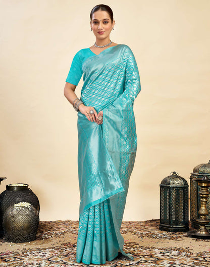 Blue Silk Blend Woven Banarasi Saree