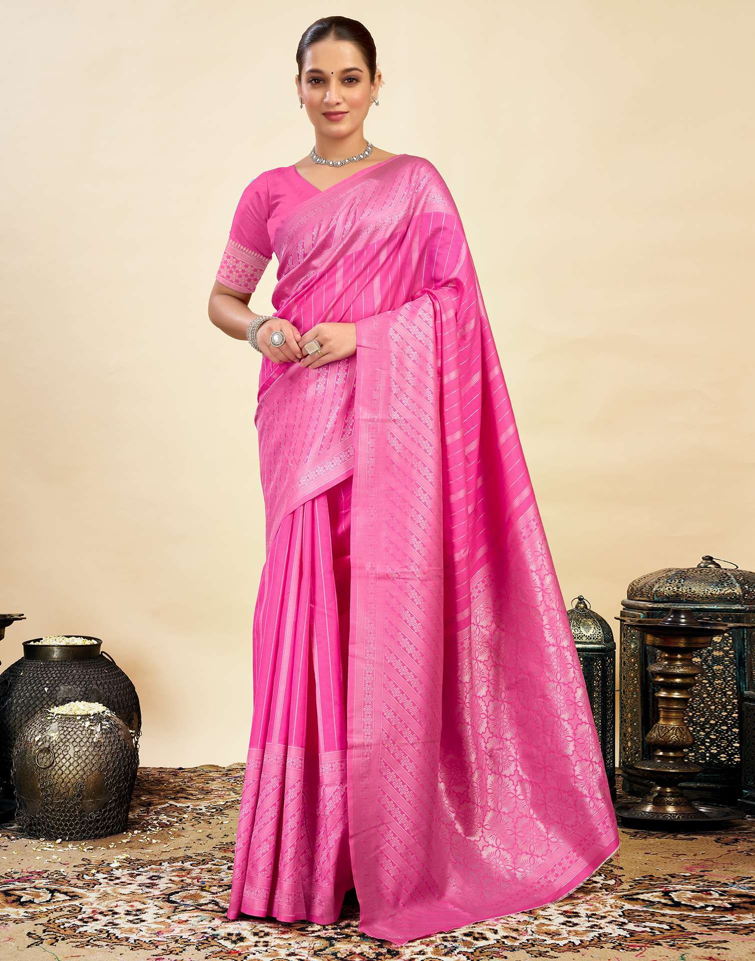 Hot Pink Silk Weaving Kanjivaram Saree