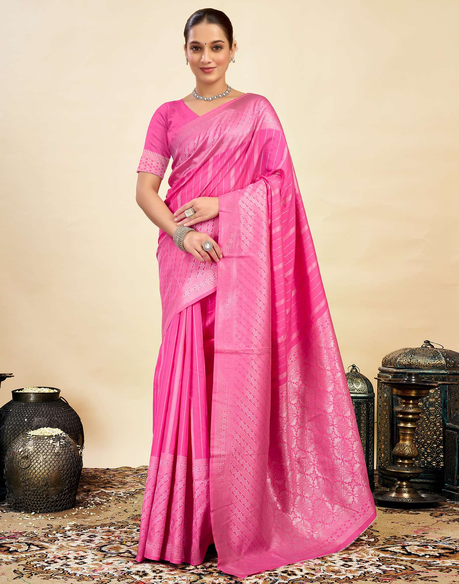 Pink Silk Blend Woven Banarasi Saree