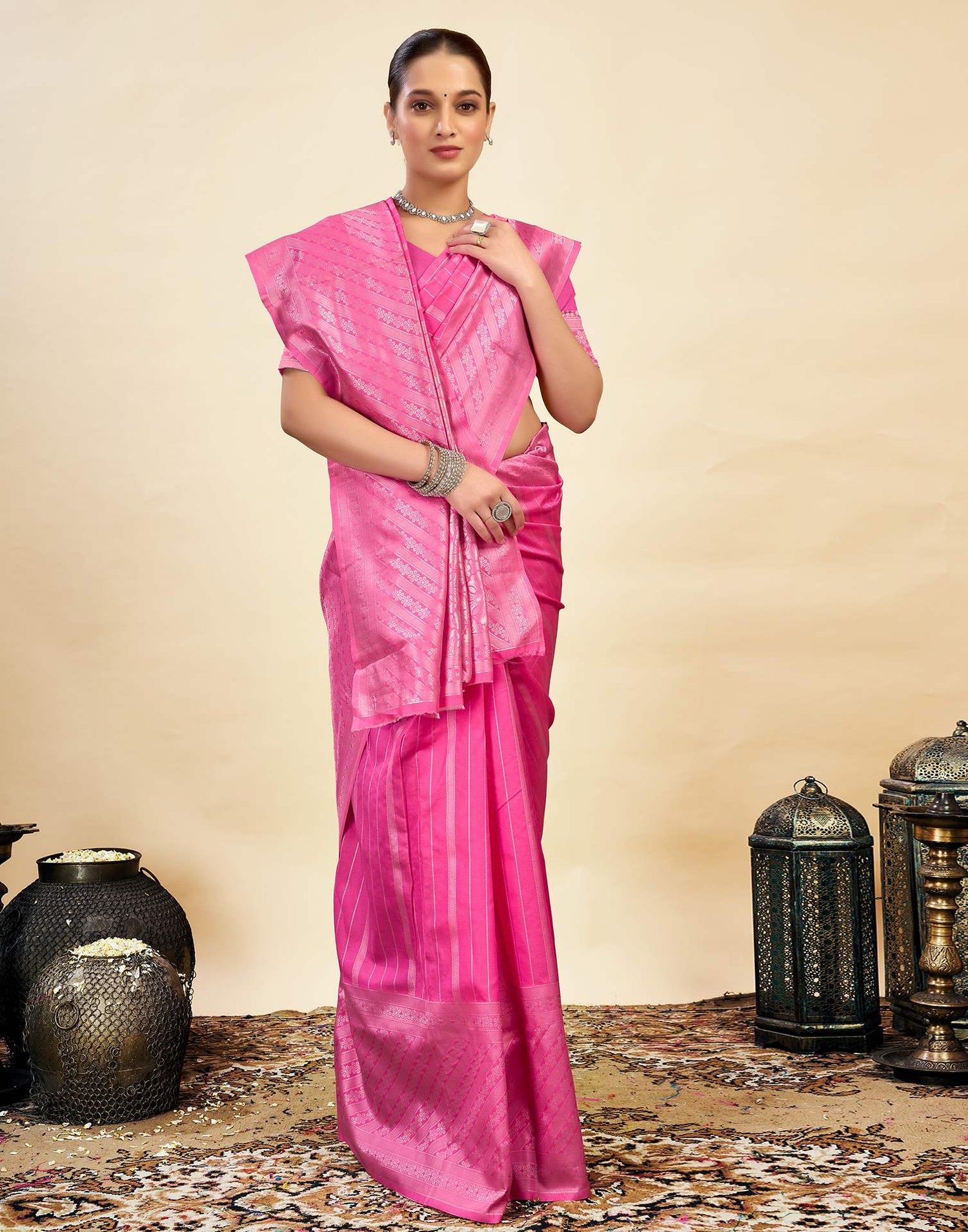 Hot Pink Silk Weaving Kanjivaram Saree