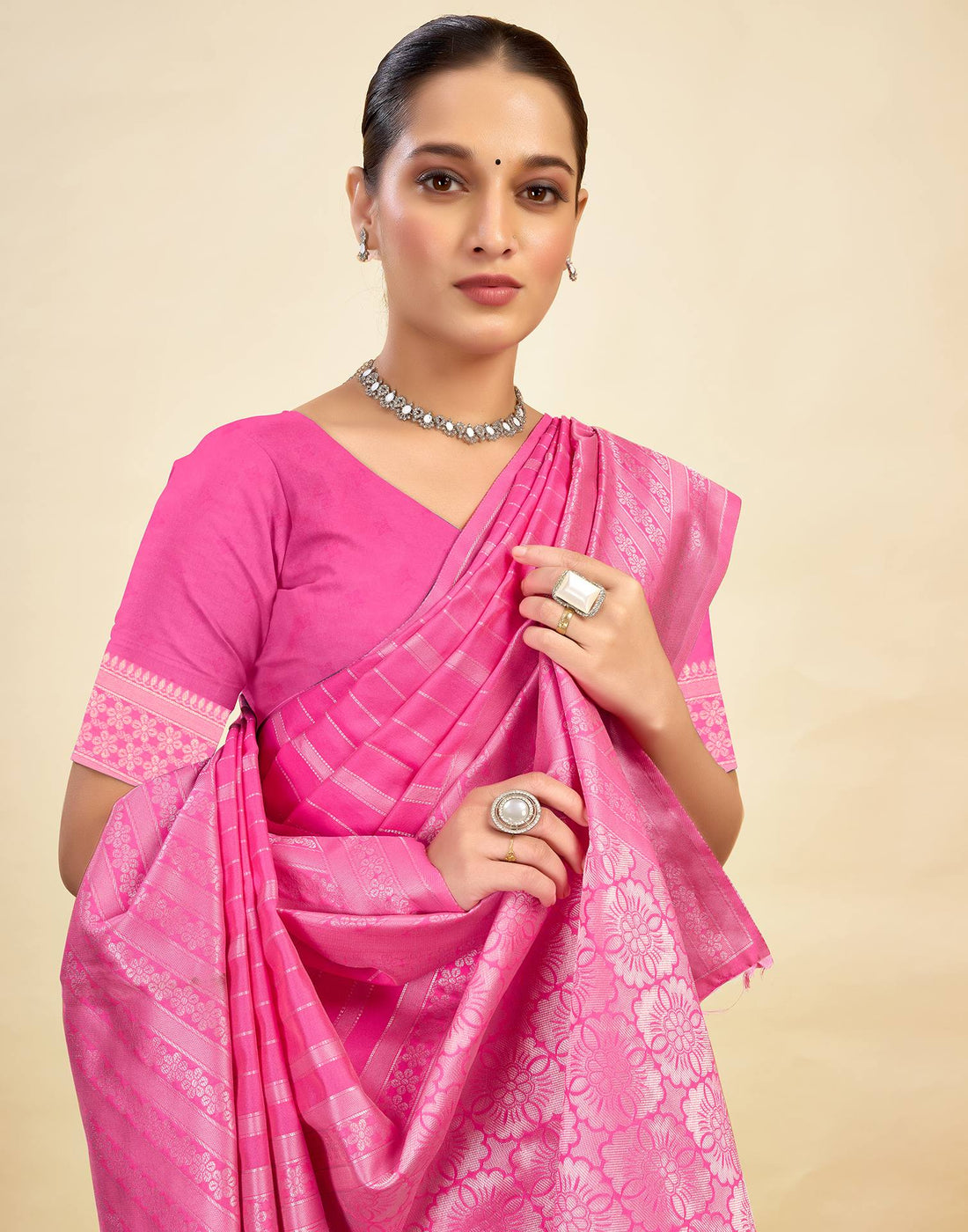 Pink Silk Blend Woven Banarasi Saree