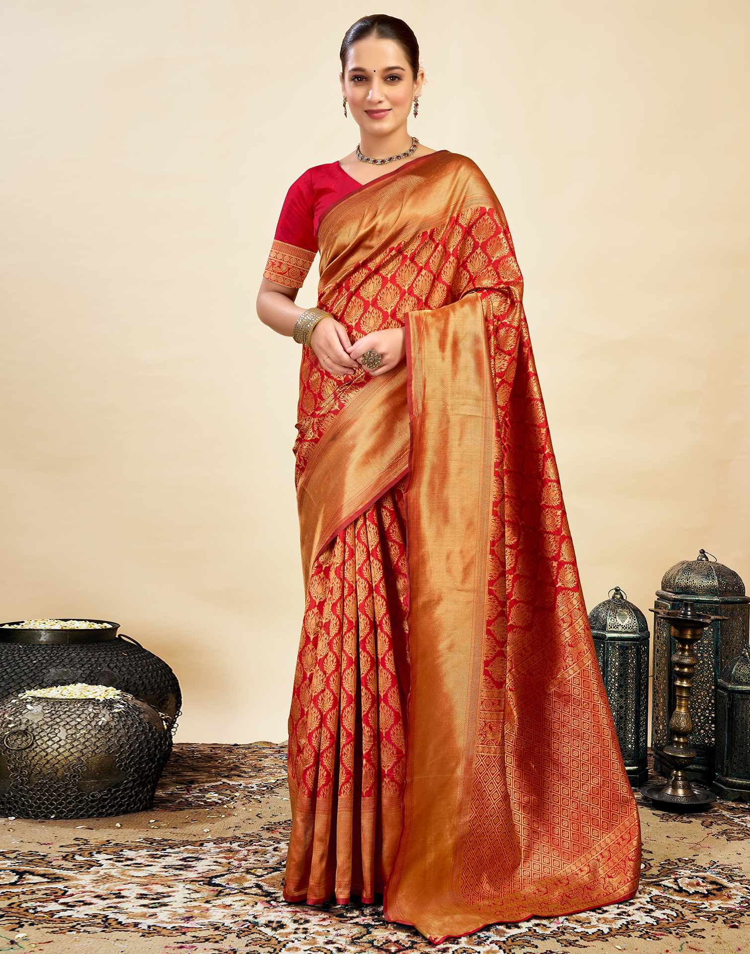 Red Silk Blend Woven Banarasi Saree