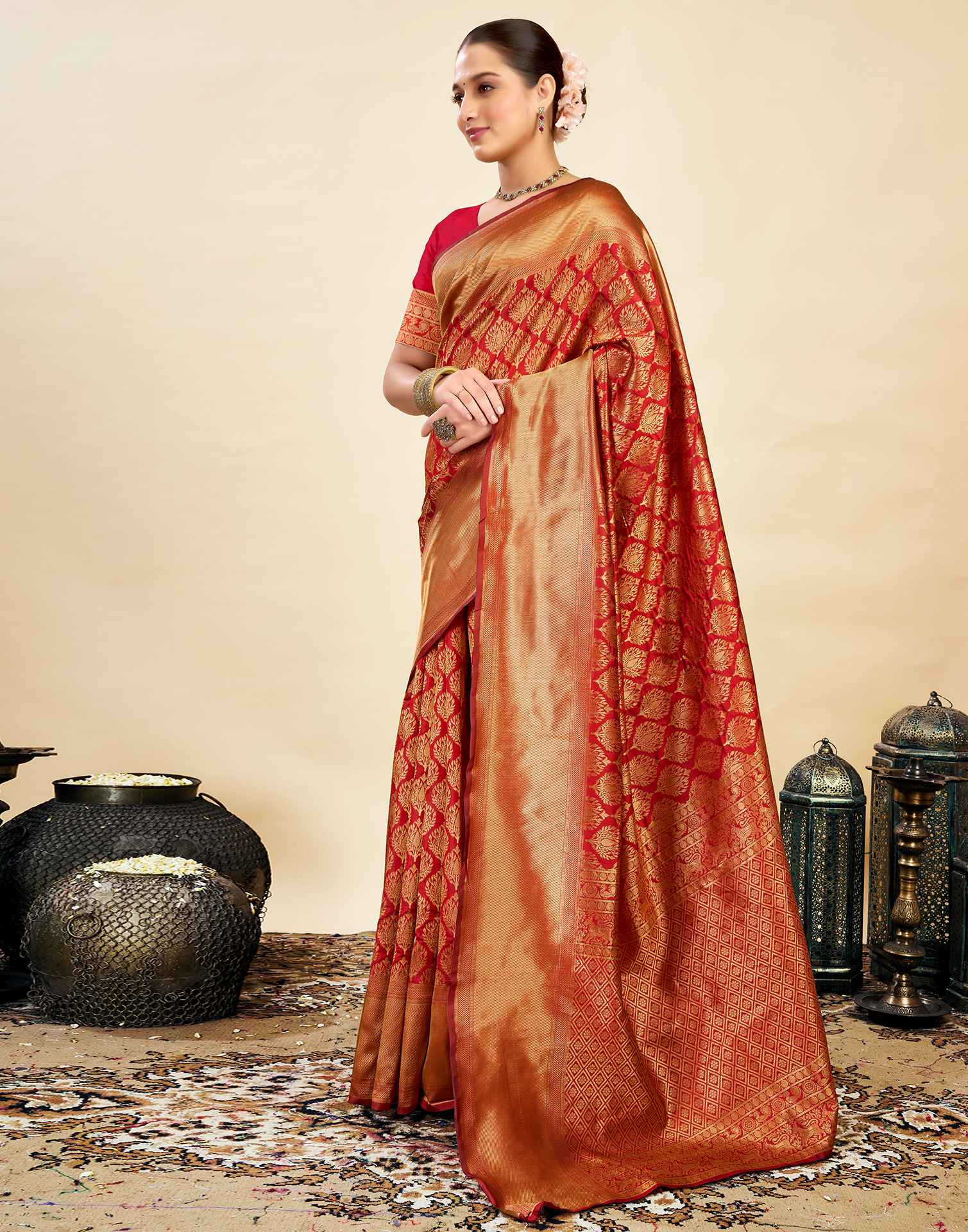 Red Silk Blend Woven Banarasi Saree