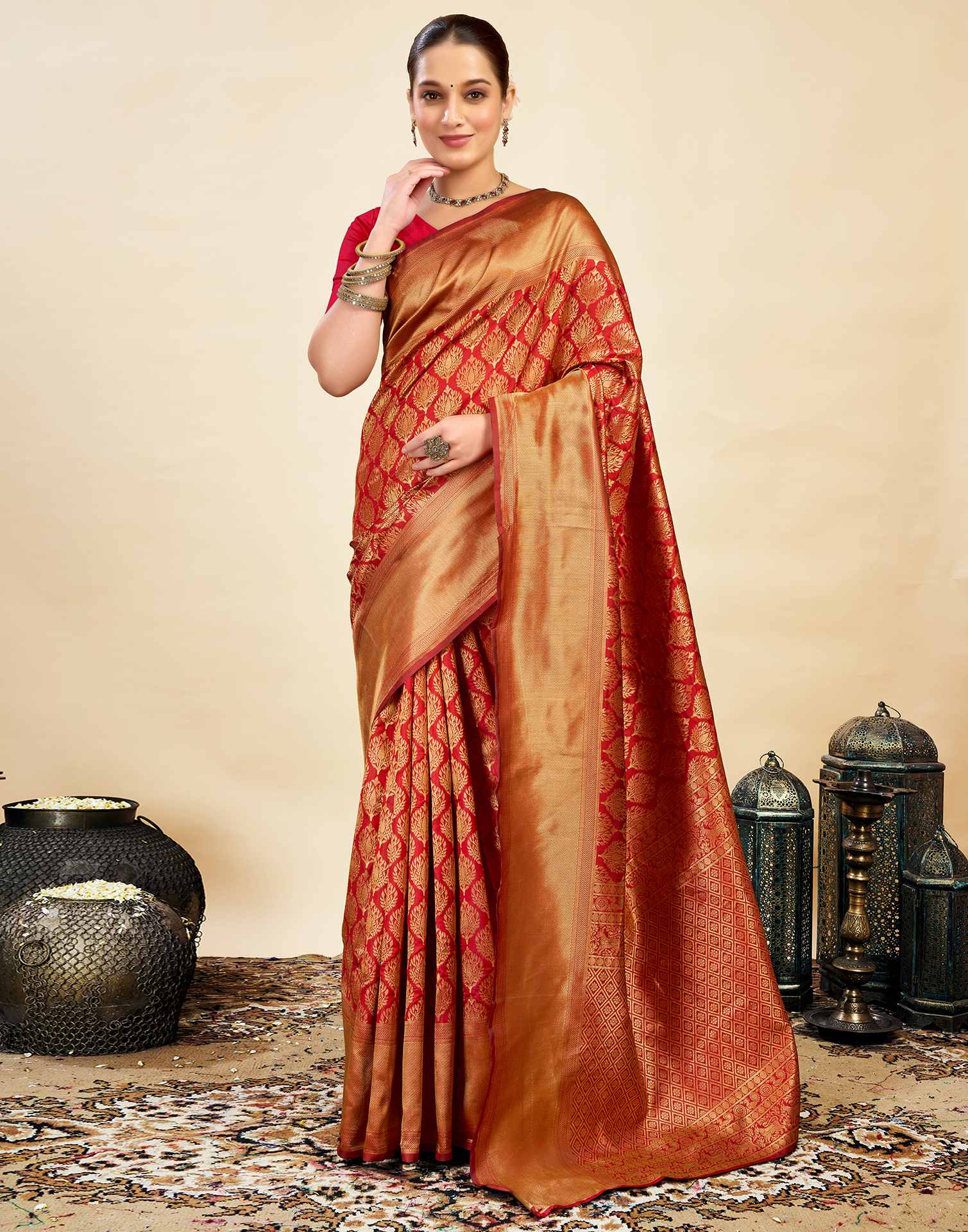 Red Silk Blend Woven Banarasi Saree