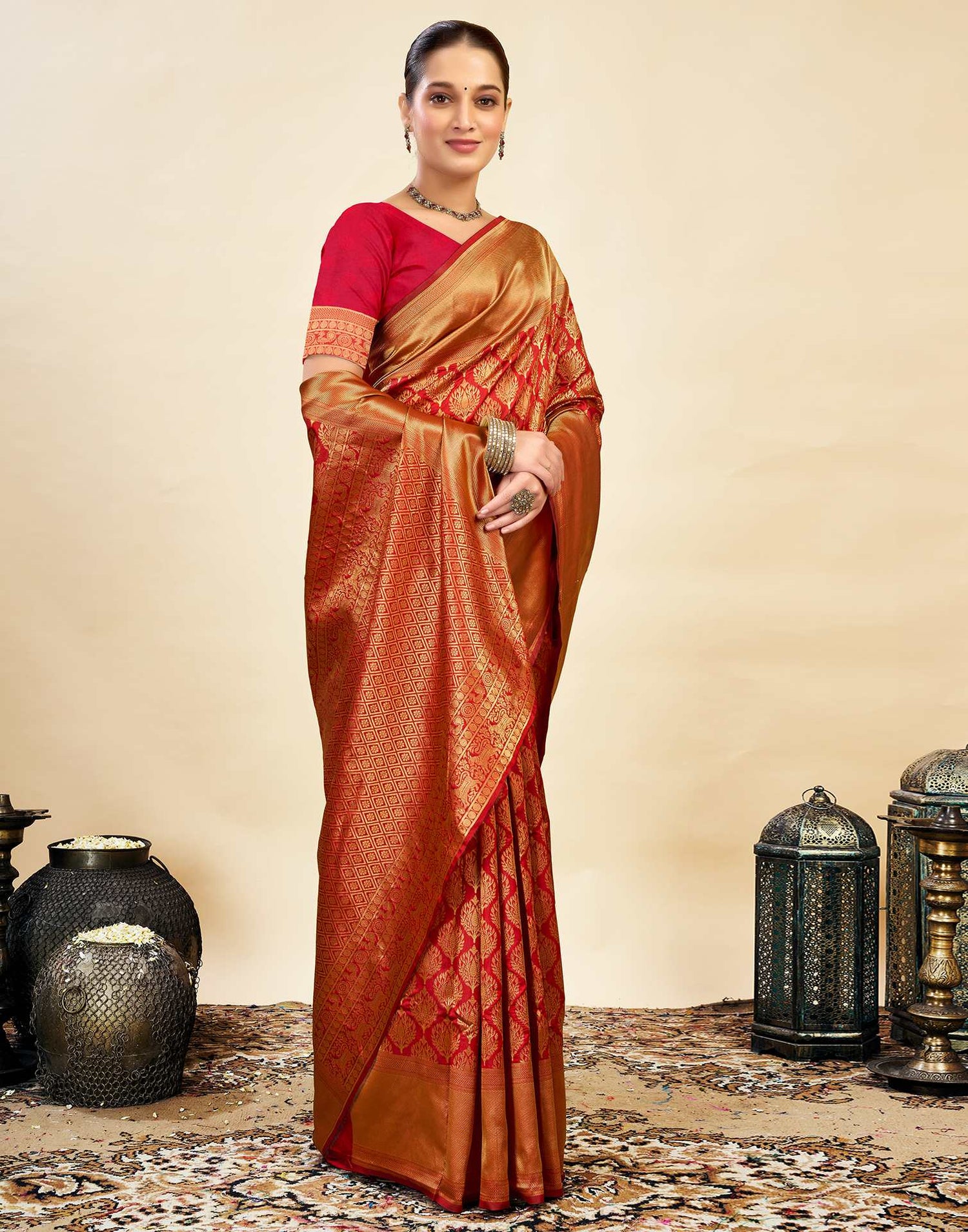 Red Silk Blend Woven Banarasi Saree