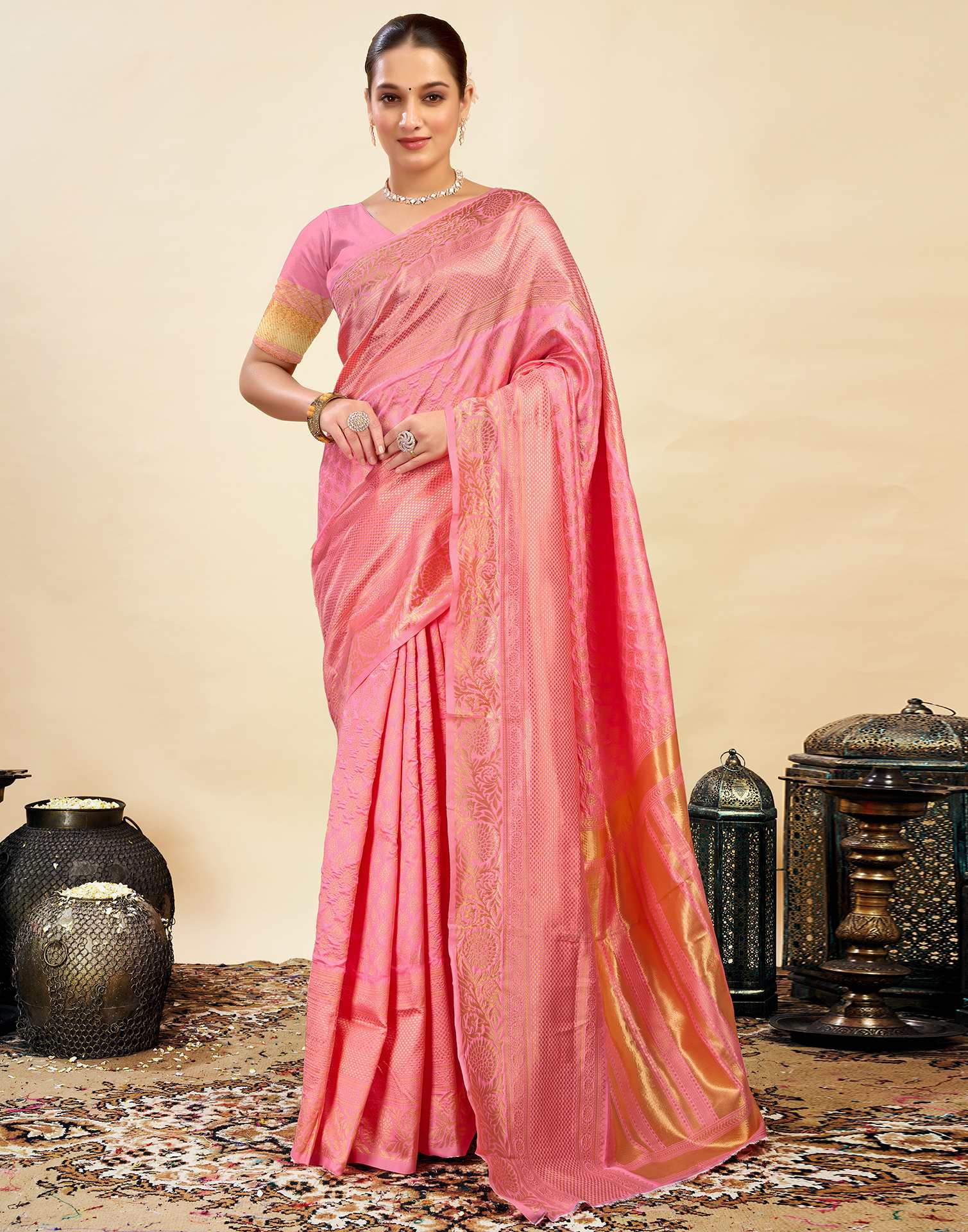 Pink Silk Blend Woven Banarasi Saree