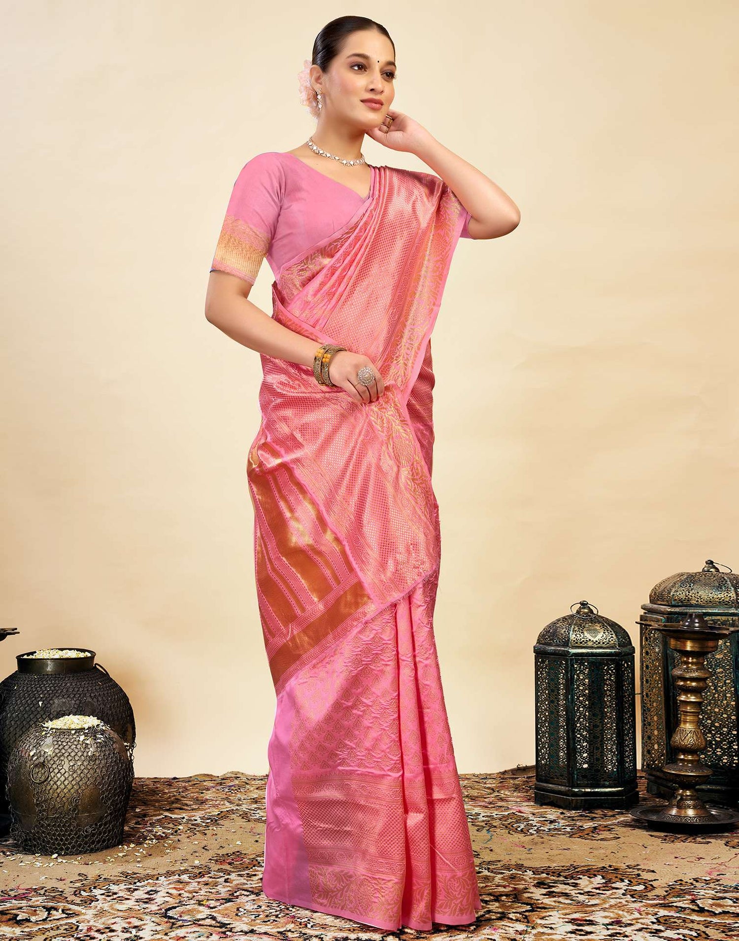 Pink Silk Blend Woven Banarasi Saree