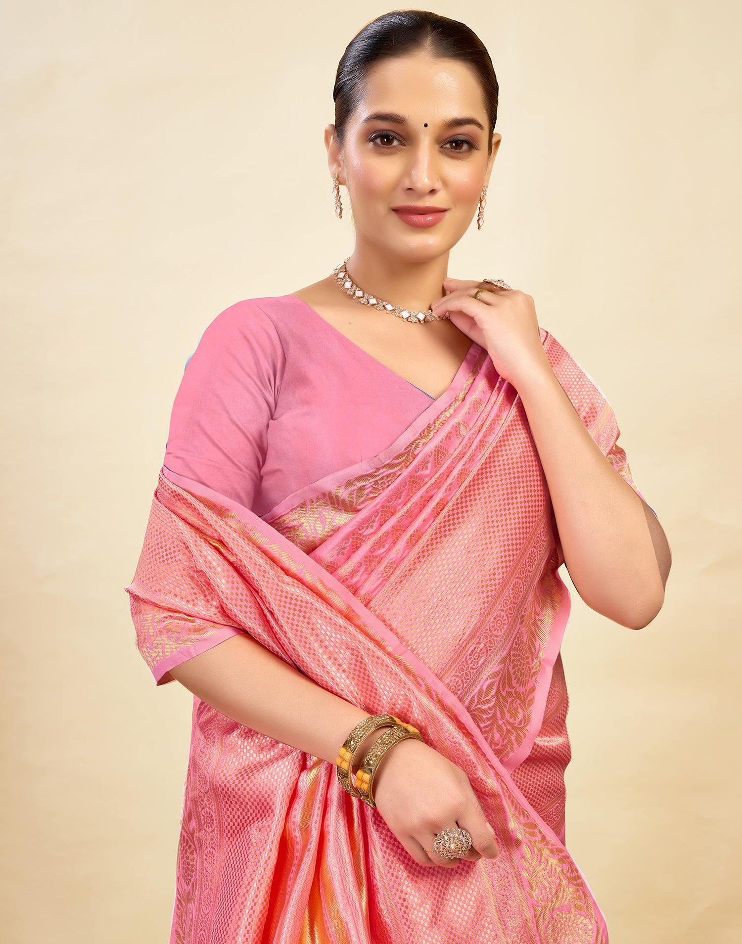 Pink Silk Blend Woven Banarasi Saree