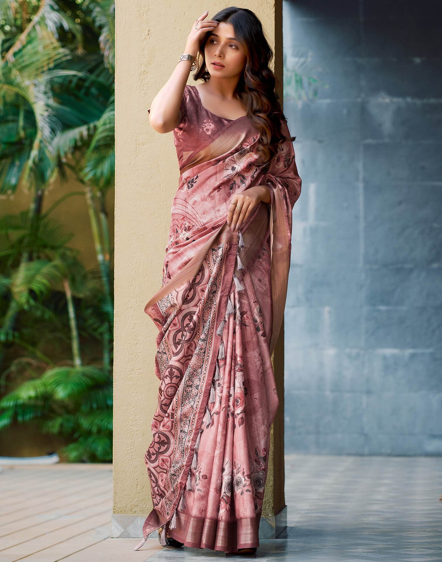 Dusty Pink Dola Silk Printed Saree