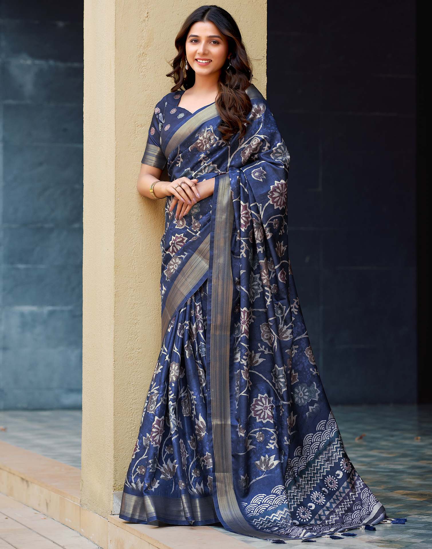 Navy Blue Dola Silk Printed Saree