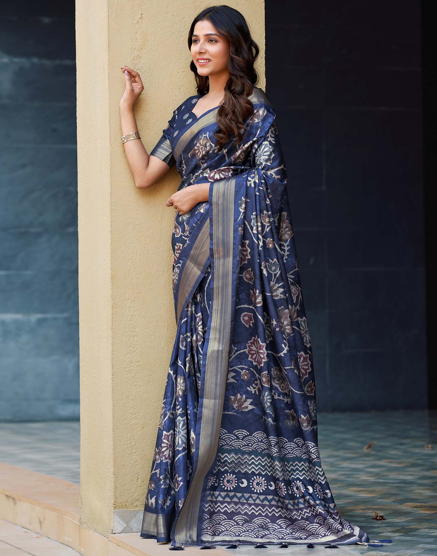 Navy Blue Dola Silk Printed Saree