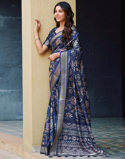 Navy Blue Dola Silk Printed Saree