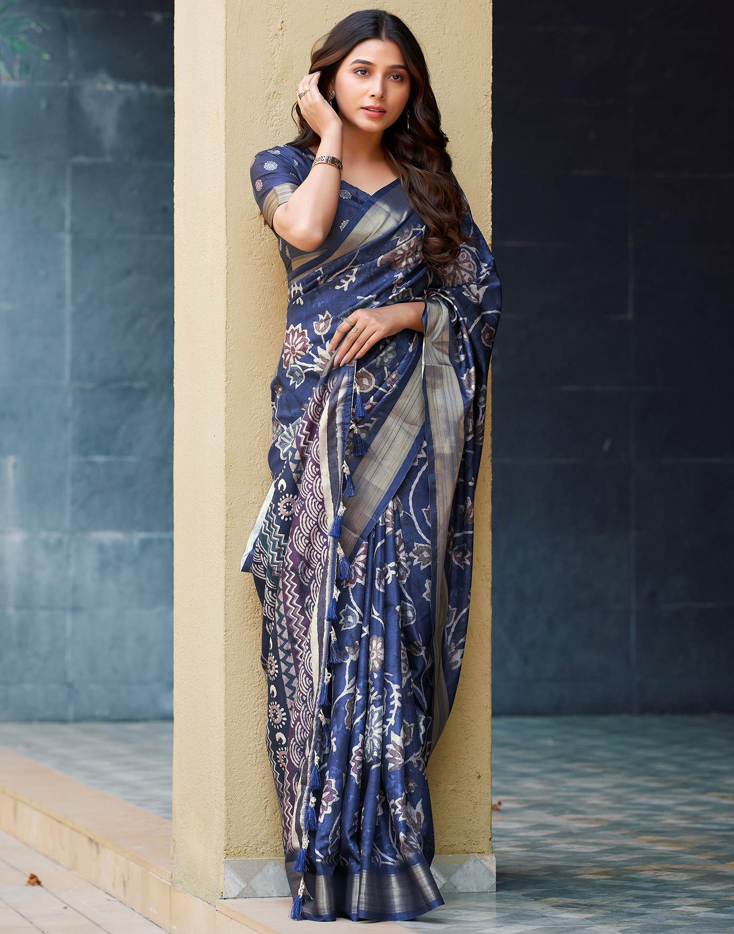 Navy Blue Dola Silk Printed Saree