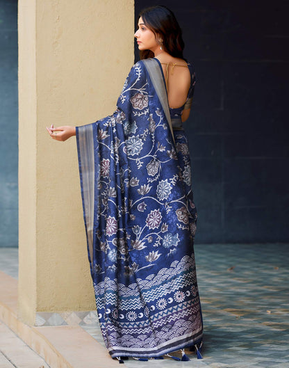 Navy Blue Dola Silk Printed Saree