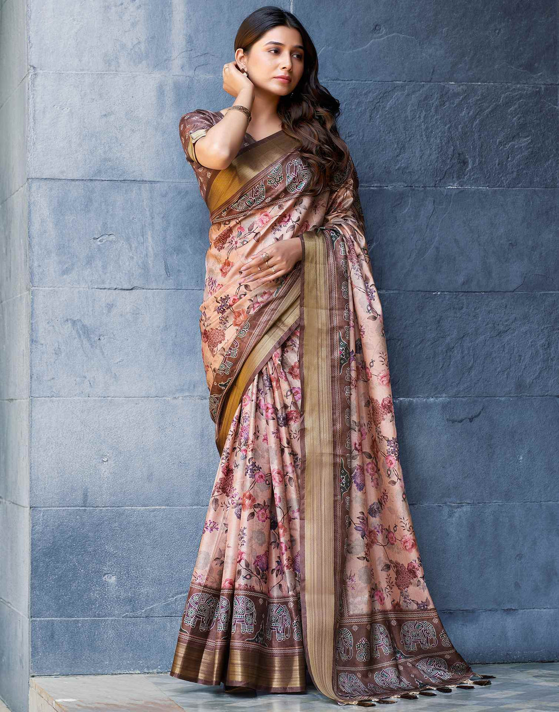 Cream Silk Printed Saree