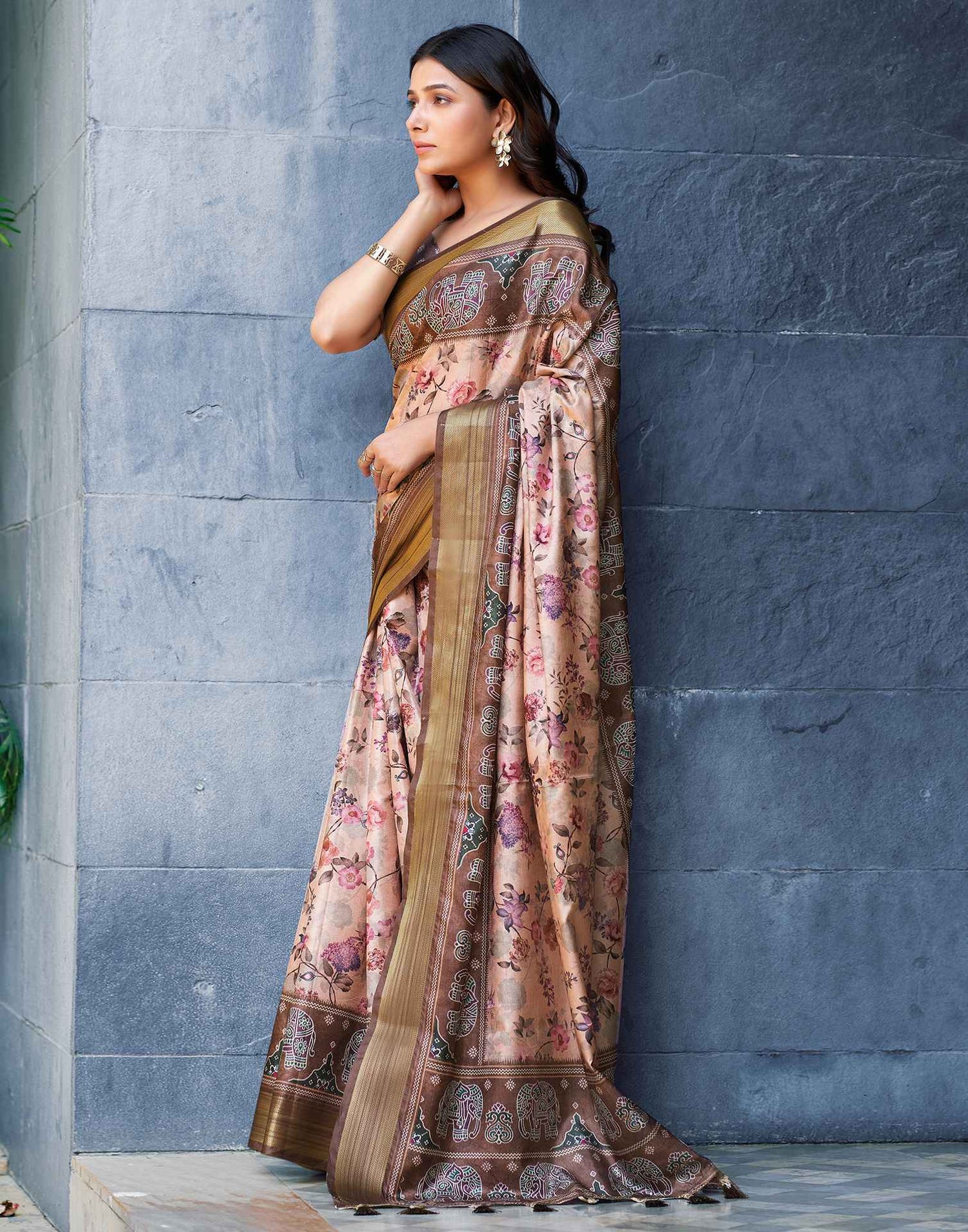 Cream Silk Printed Saree