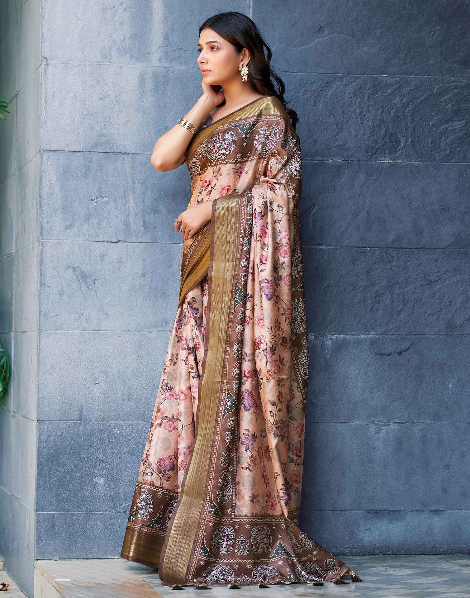 Cream Silk Printed Saree