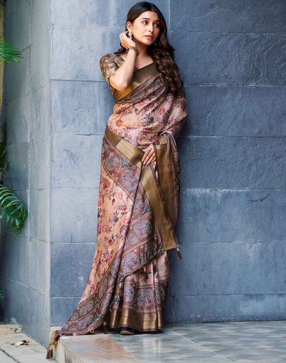 Cream Silk Printed Saree