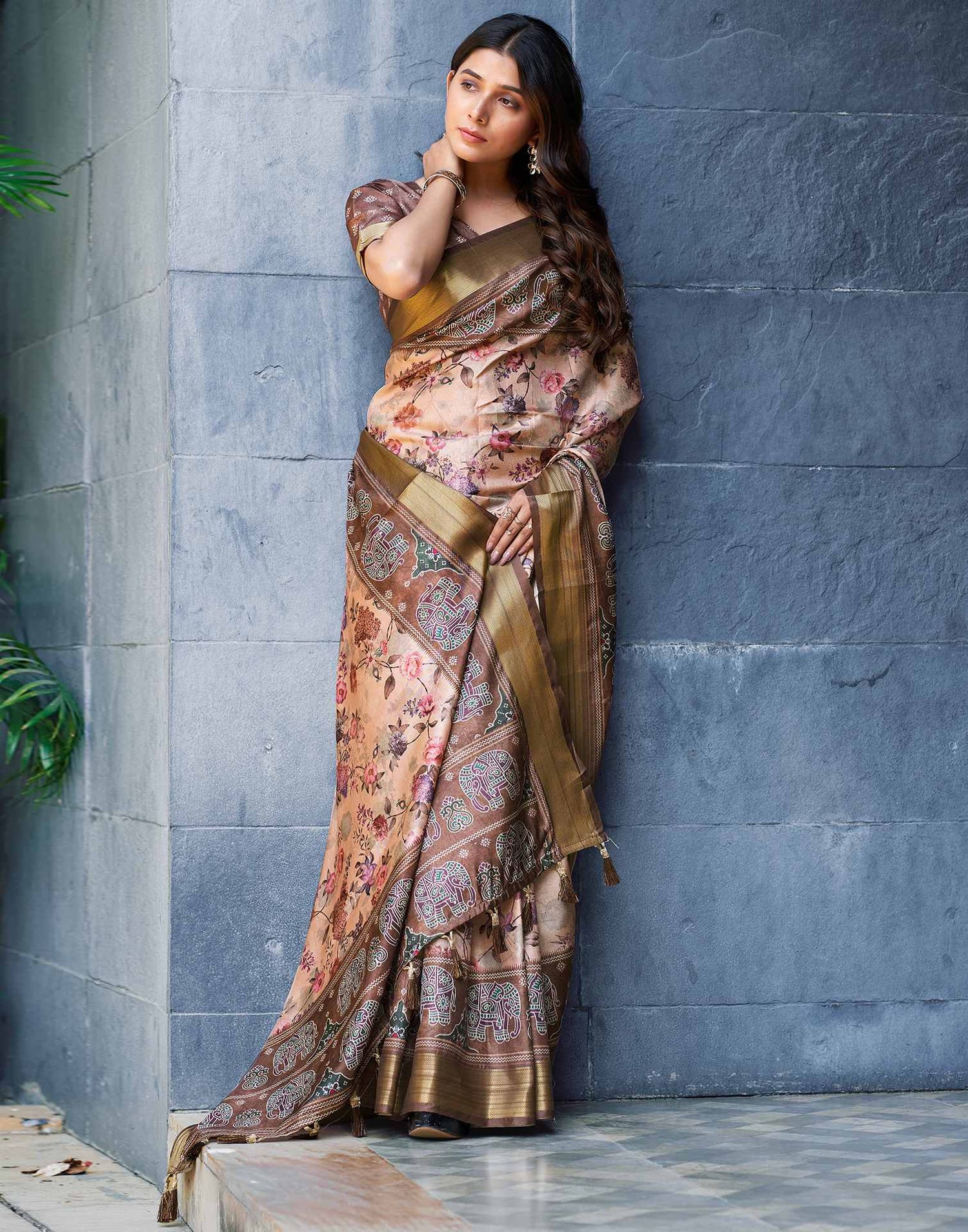 Cream Silk Printed Saree