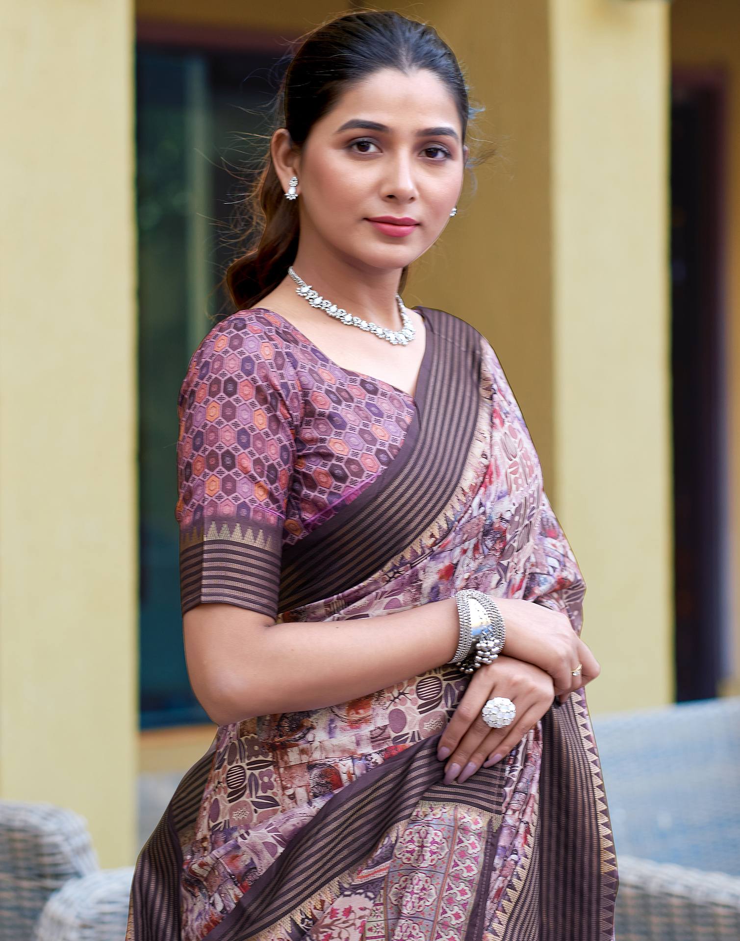 White Silk Printed Saree