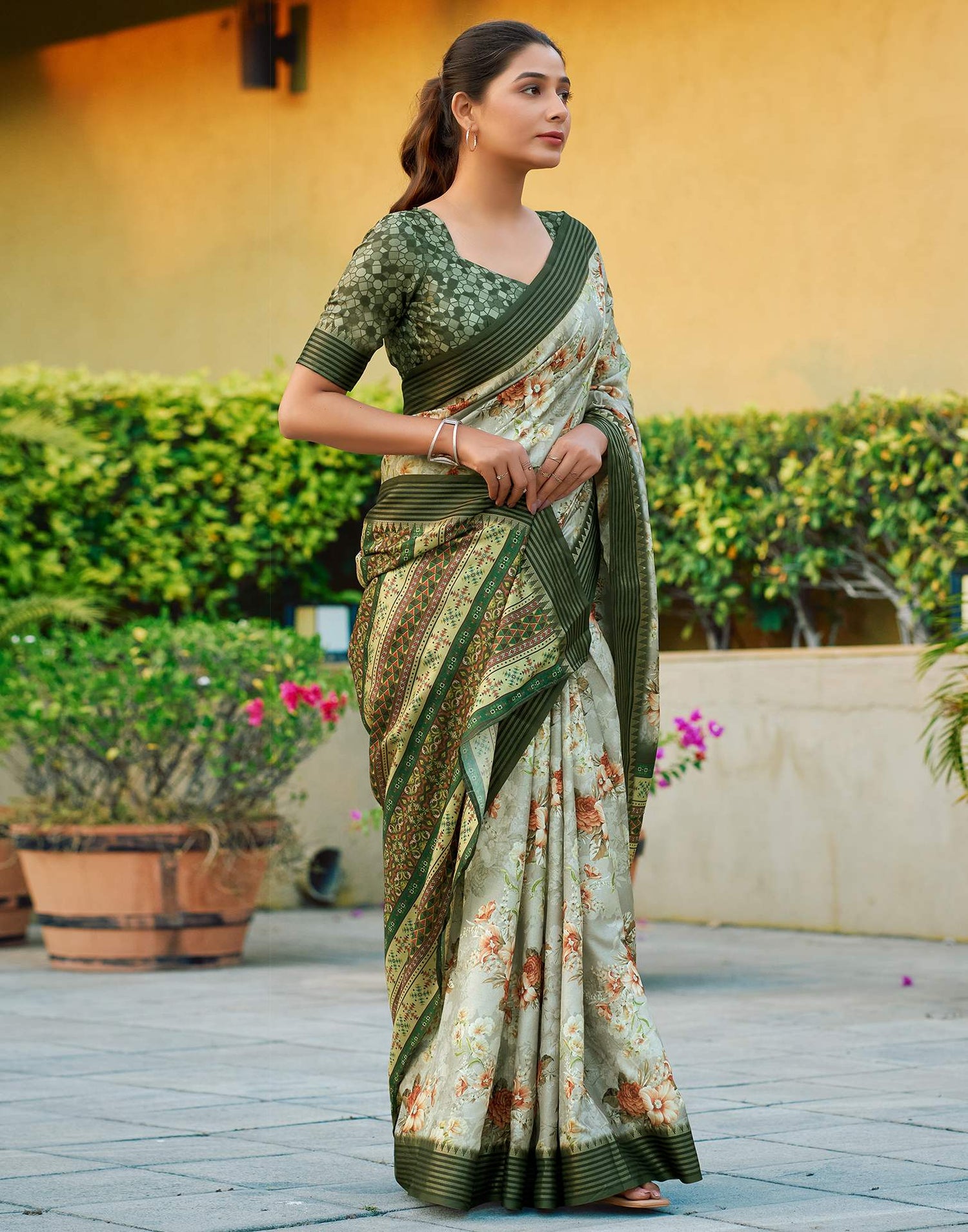 Dusty Green Silk Printed Saree