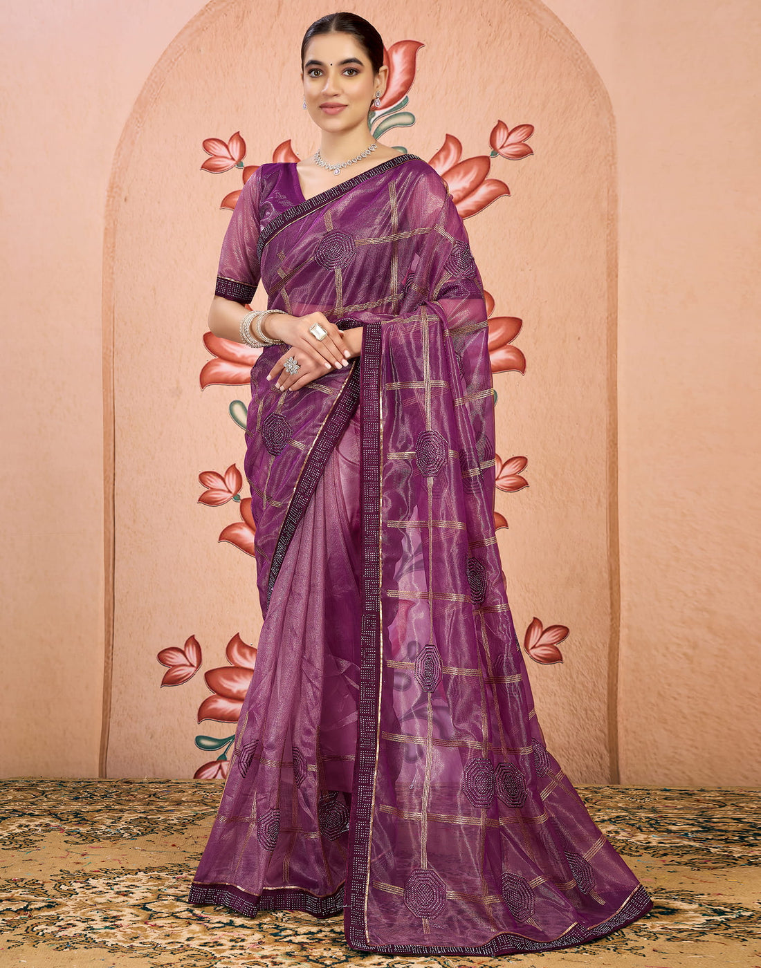 Wine Shimmer Embroidery Embellished Saree