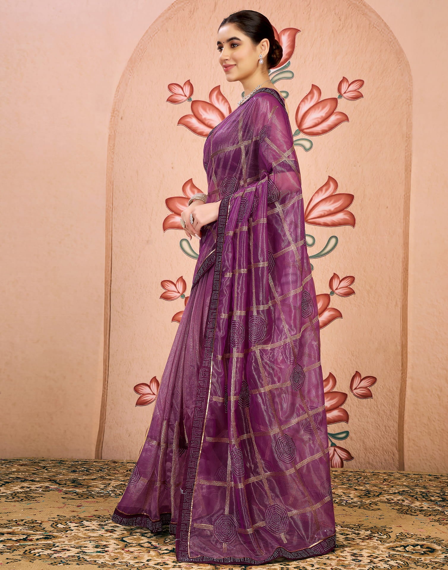 Purple Net Embroidery Embellished Saree