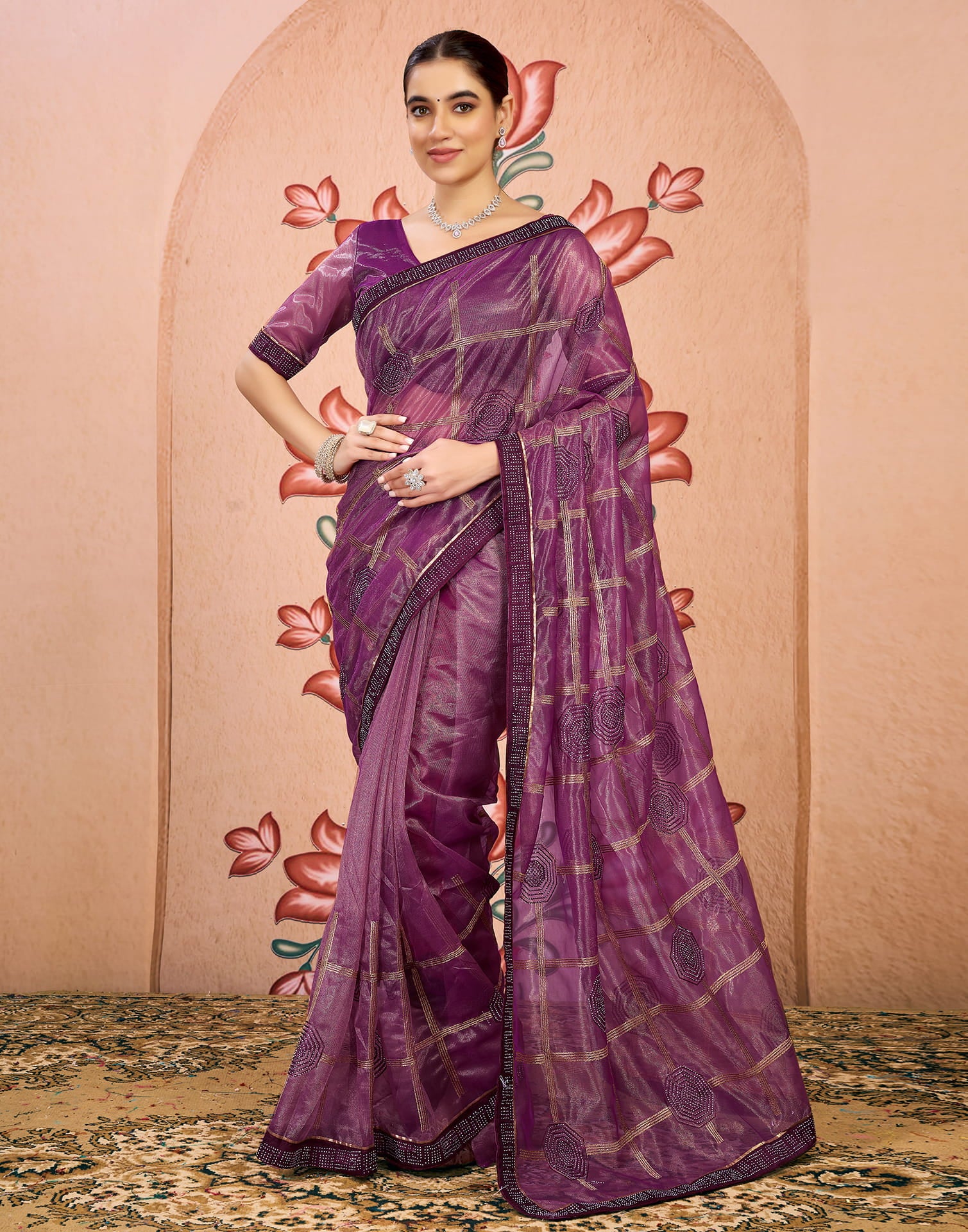 Purple Net Embroidery Embellished Saree