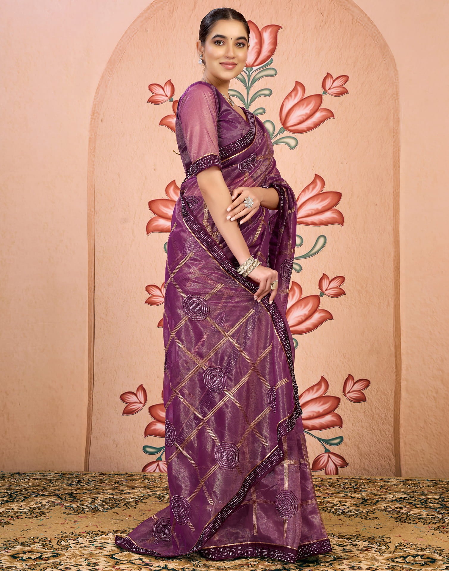 Purple Net Embroidery Embellished Saree